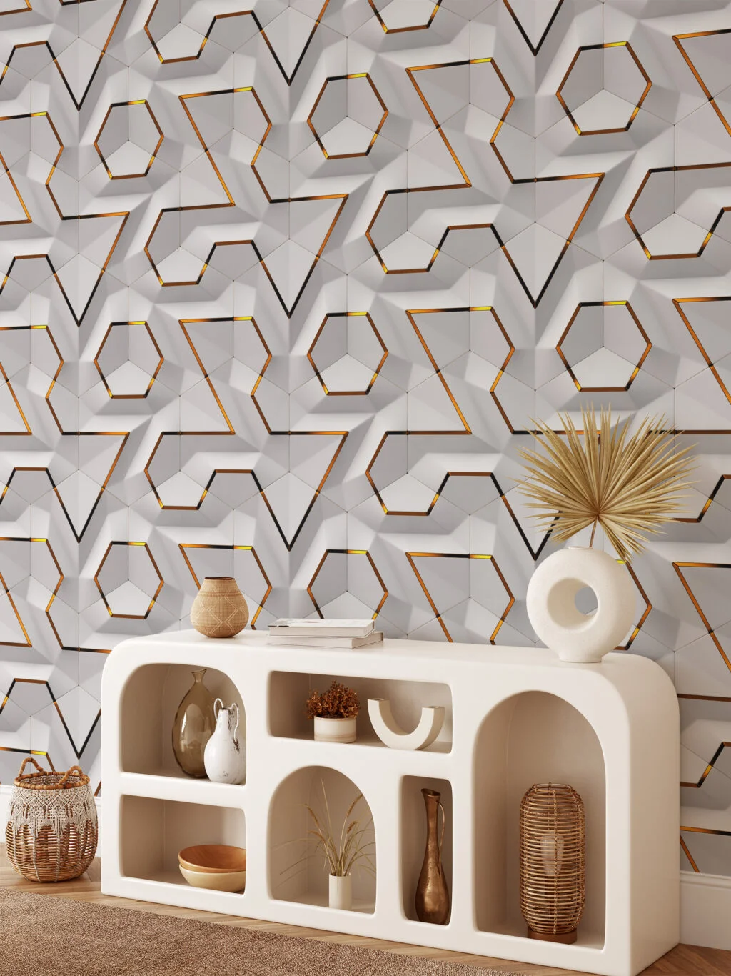Beyaz Geometrik Modüller Duvar Posteri, Modern Duvar Dekorasyonu için Özel Ölçü Duvar Kağıdı 3D Duvar Kağıtları 2