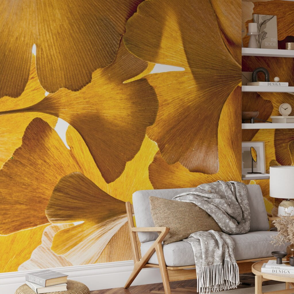 Sarı Büyük Yapraklarıyla Sonbahar Güzelliği, Doğa İlhamlı Evler İçin 3D Duvar Kağıdı Yaprak Desenli Duvar Kağıtları 6