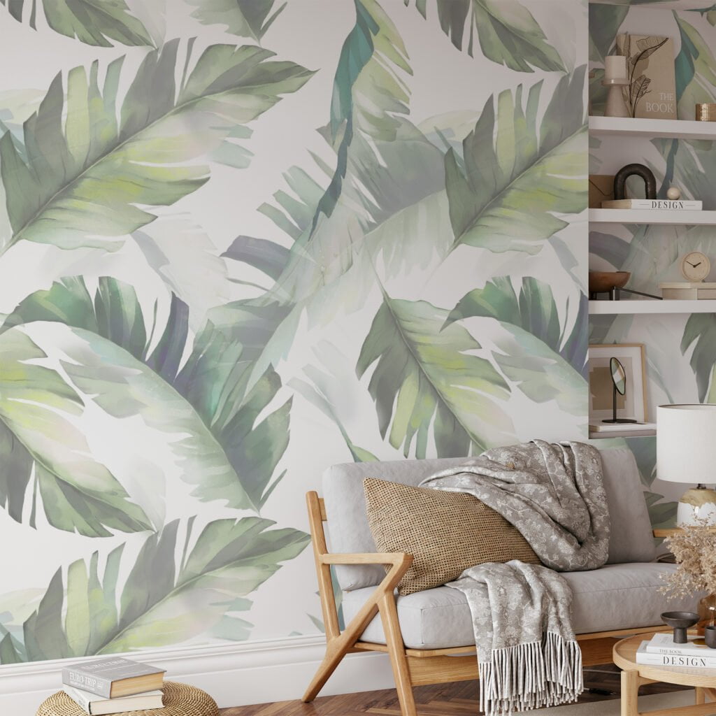 Sulu Boya Renkli Yapraklar, Beyaz Zeminli Duvar Kağıdı, Modern ve Rahatlatıcı 3D Duvar Kağıdı Yaprak Desenli Duvar Kağıtları 2