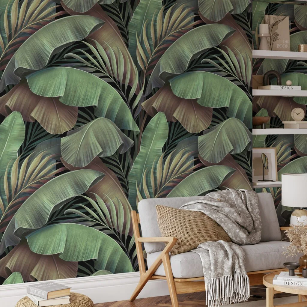 Büyük Tropikal Yeşil Muz Yaprakları Desenli Duvar Kağıdı, Doğa İlhamlı 3D Duvar Kağıdı Yaprak Desenli Duvar Kağıtları 7