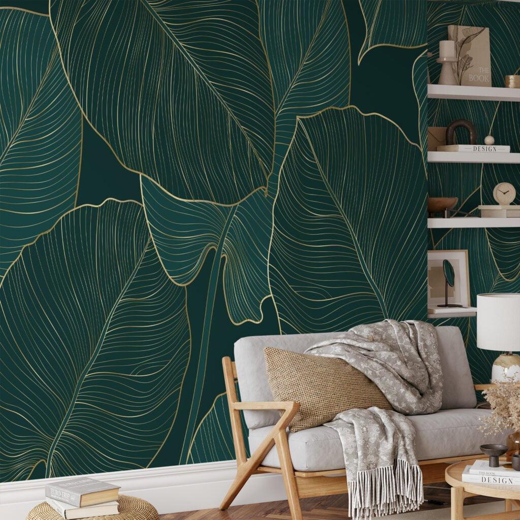 Etkileyici Koyu Yeşil Monstera Yaprakları Duvar Kağıdı, Altın Line Art 3D Duvar Kağıdı Yaprak Desenli Duvar Kağıtları 2