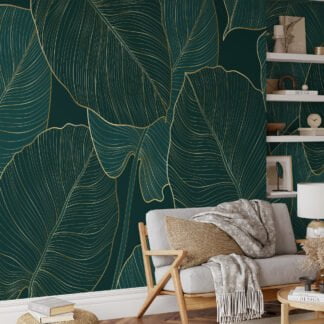 Etkileyici Koyu Yeşil Monstera Yaprakları Duvar Kağıdı, Altın Line Art 3D Duvar Kağıdı Yaprak Desenli Duvar Kağıtları