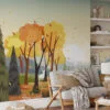 Whimsical Cartoon Style Forest Illustration Wallpaper for a Playful and Vibrant Home Decor during Fall Season
