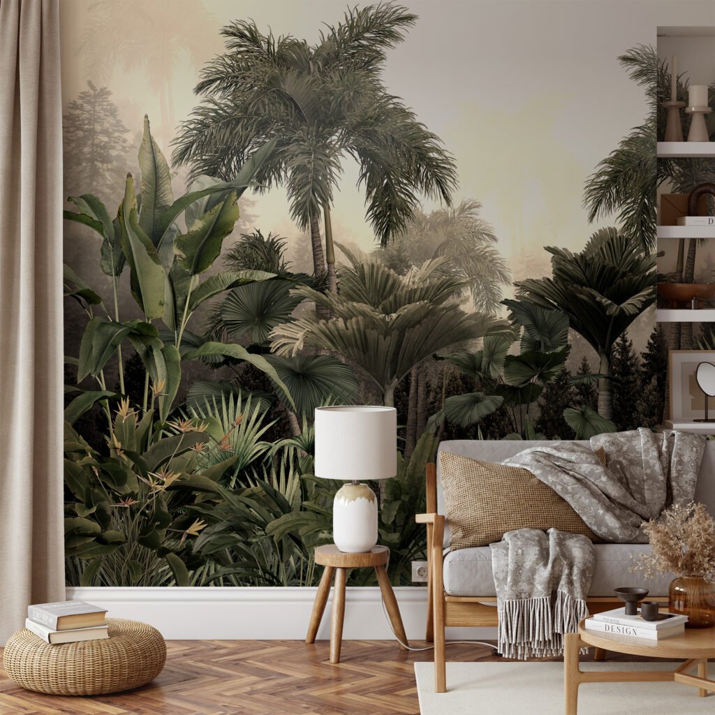 Sisli Orman Temalı Duvar Kağıdı, Palmiye Ağaçlı ve Büyük Yapraklı Tropikal Egzotik Tasarımlı 3D Duvar Posteri Orman Temalı Duvar Kağıtları 6