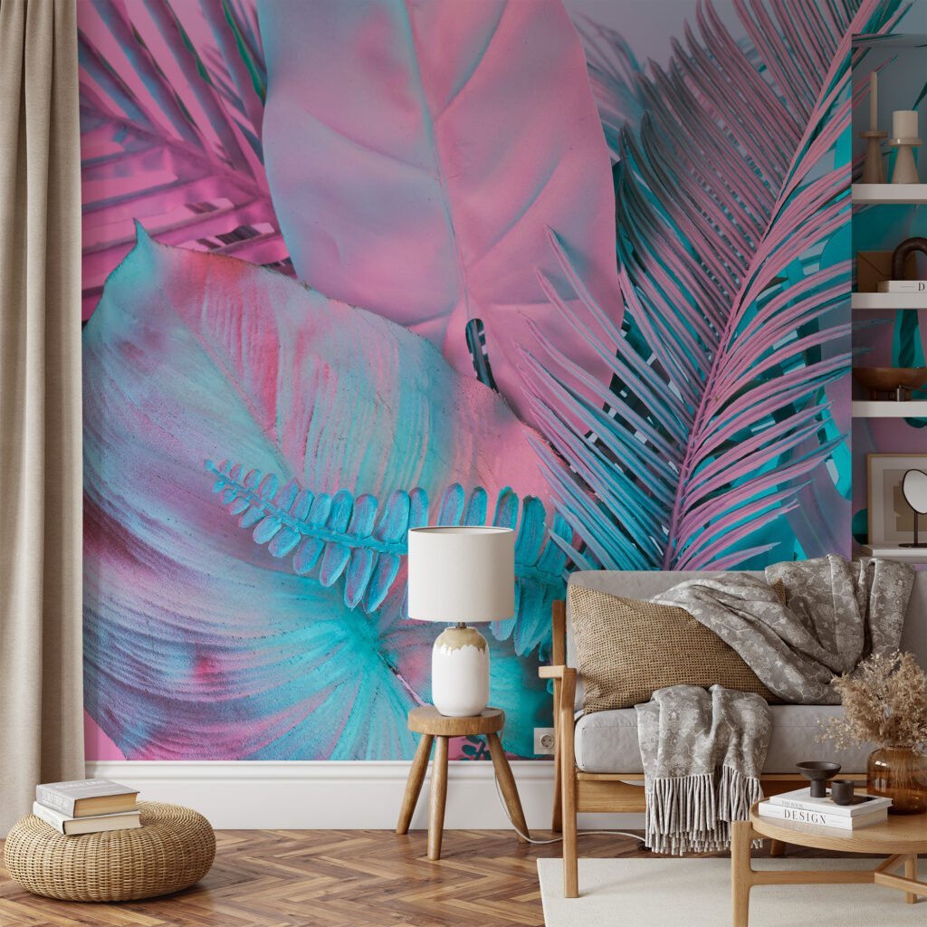 Renkli Tropikal Palmiye Yaprakları Duvar Kağıdı, Pembe ve Mavi Duvar Posteri Yaprak Desenli Duvar Kağıtları 3
