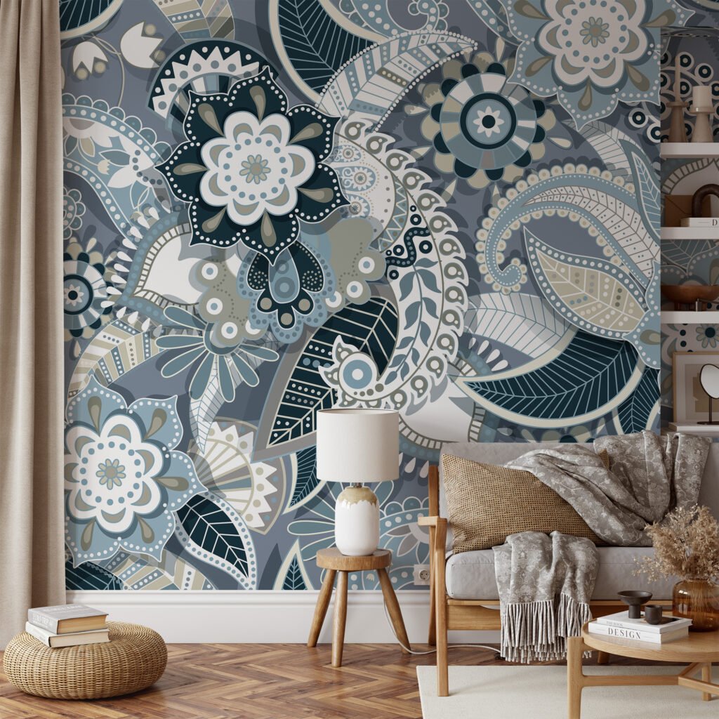 Modern Tasarımlı Soğuk Ton Gri Zeminli İnce Çiçek Desenli Duvar Kağıdı Çiçekli Duvar Kağıtları 4