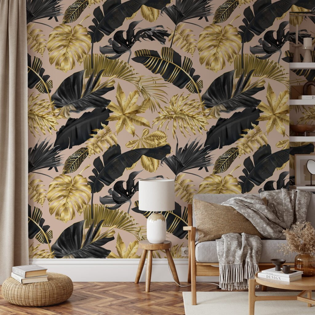 Lüks Altın ve Siyah Tropikal Yapraklar, Şeftali Pembesi Zemin Üzerine Modern 3D Duvar Kağıdı Yaprak Desenli Duvar Kağıtları 6