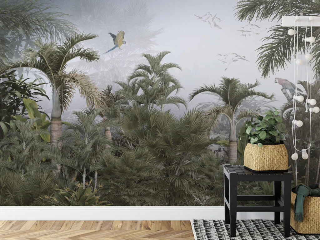 Renkli Papağan ve Kuşlu Yoğun Yeşil Orman Desenli Duvar Kağıdı, 3D Duvar Posteri Orman Temalı Duvar Kağıtları 5