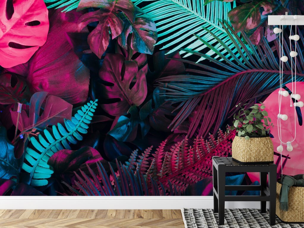 Canlı Neon Pembe ve Mavi Tropikal Yapraklar, Her Mekanı Aydınlatan Monstera Yapraklı 3D Duvar Kağıdı Yaprak Desenli Duvar Kağıtları 4