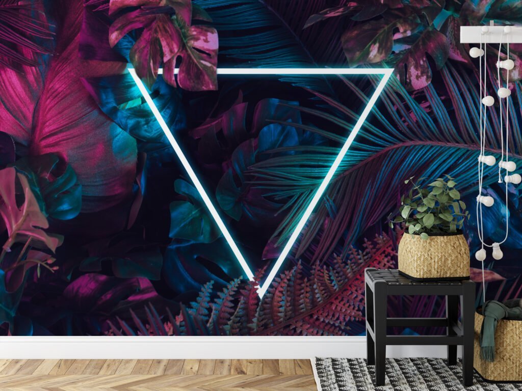 Neon Pembe ve Mavi Tropikal Yapraklar, Üçgen Işık Merkezli Duvar Kağıdı, Botanik Dokulu 3D Duvar Posteri Soyut Duvar Kağıtları 4