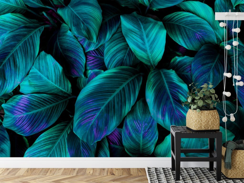 Yemyeşil Tropikal Yeşil Cannifolium Yapraklar, Mor Vurgularıyla Duvar Kağıdı, Güzel 3D Duvar Kağıdı Yaprak Desenli Duvar Kağıtları 6