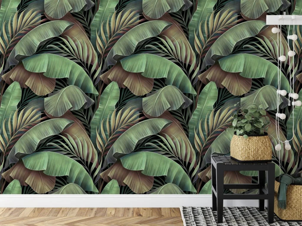 Büyük Tropikal Yeşil Muz Yaprakları Desenli Duvar Kağıdı, Doğa İlhamlı 3D Duvar Kağıdı Yaprak Desenli Duvar Kağıtları 8
