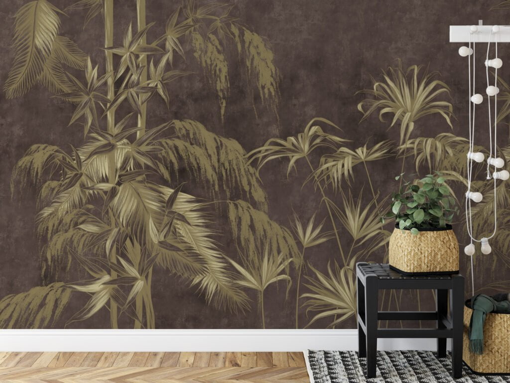 Tropikal Yapraklar, Kahverengi Beton Arka Planlı Duvar Kağıdı, Şık Görünüm İçin 3D Duvar Kağıdı Yaprak Desenli Duvar Kağıtları 6