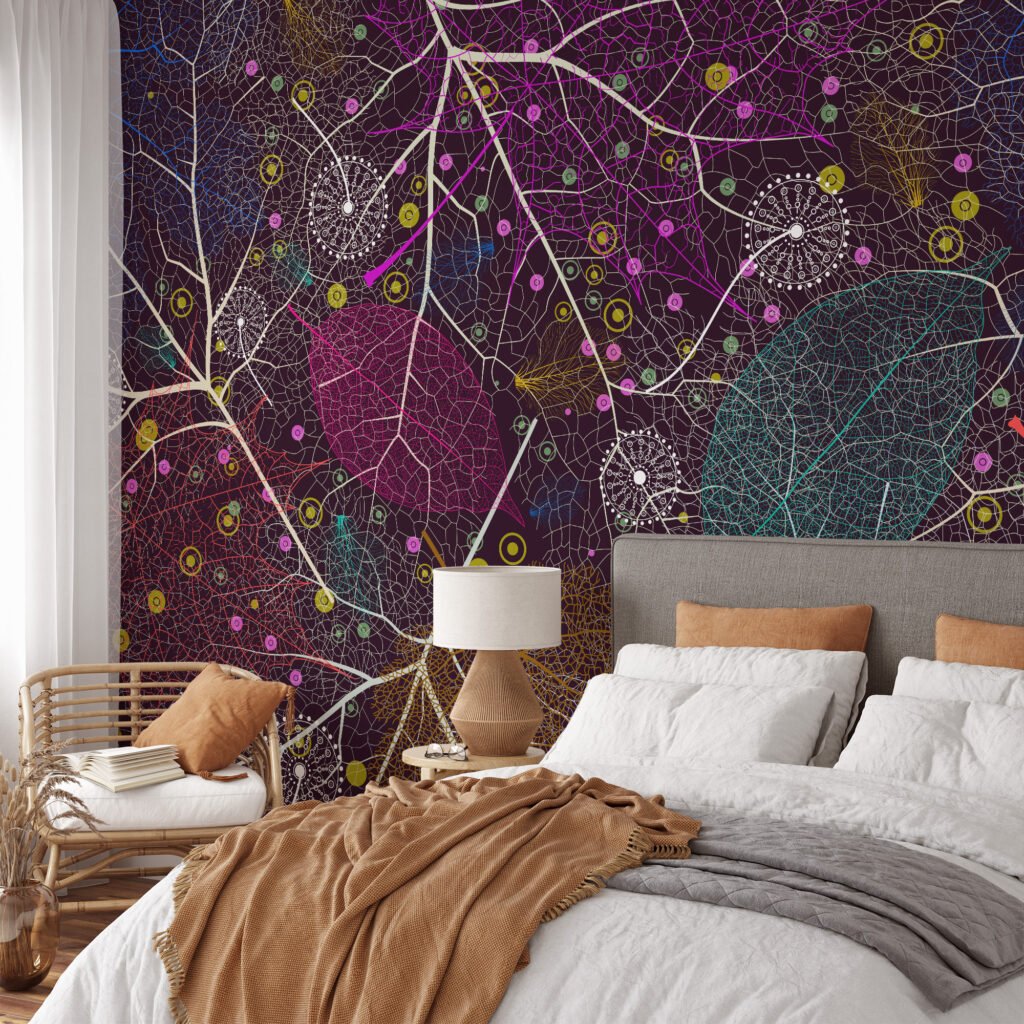 Koyu Zemin Üzerine Renkli Soyut Yapraklar, Sanatsal Damarsı Desenli Modern Duvar Kağıdı Soyut Duvar Kağıtları 2