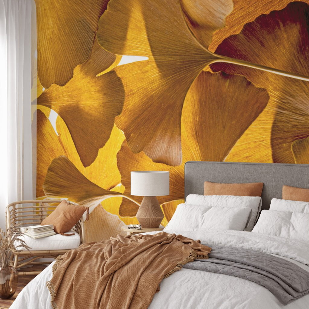 Sarı Büyük Yapraklarıyla Sonbahar Güzelliği, Doğa İlhamlı Evler İçin 3D Duvar Kağıdı Yaprak Desenli Duvar Kağıtları 7
