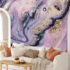 Grunge Purple and Gold Ink Wallpaper - Distressed Liquid Wall Covering with Black Background