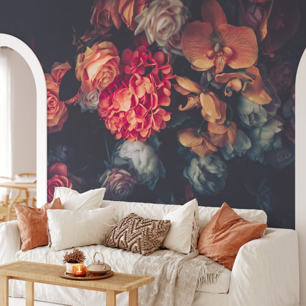 Koyu Arka Planlı Çiçek Buketi Duvar Kağıdı, Renkli Bir Duvar Dekoru için 3D Duvar Posteri Çiçekli Duvar Kağıtları 5