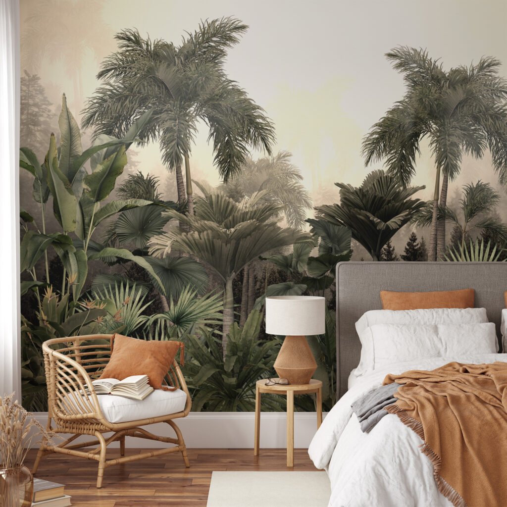 Sisli Orman Temalı Duvar Kağıdı, Palmiye Ağaçlı ve Büyük Yapraklı Tropikal Egzotik Tasarımlı 3D Duvar Posteri Orman Temalı Duvar Kağıtları 2