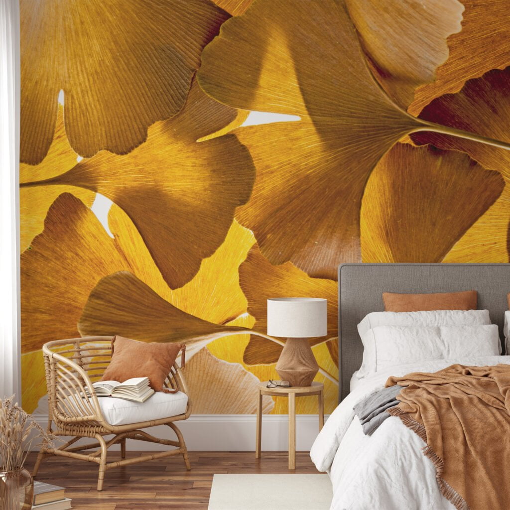 Sarı Büyük Yapraklarıyla Sonbahar Güzelliği, Doğa İlhamlı Evler İçin 3D Duvar Kağıdı Yaprak Desenli Duvar Kağıtları 3