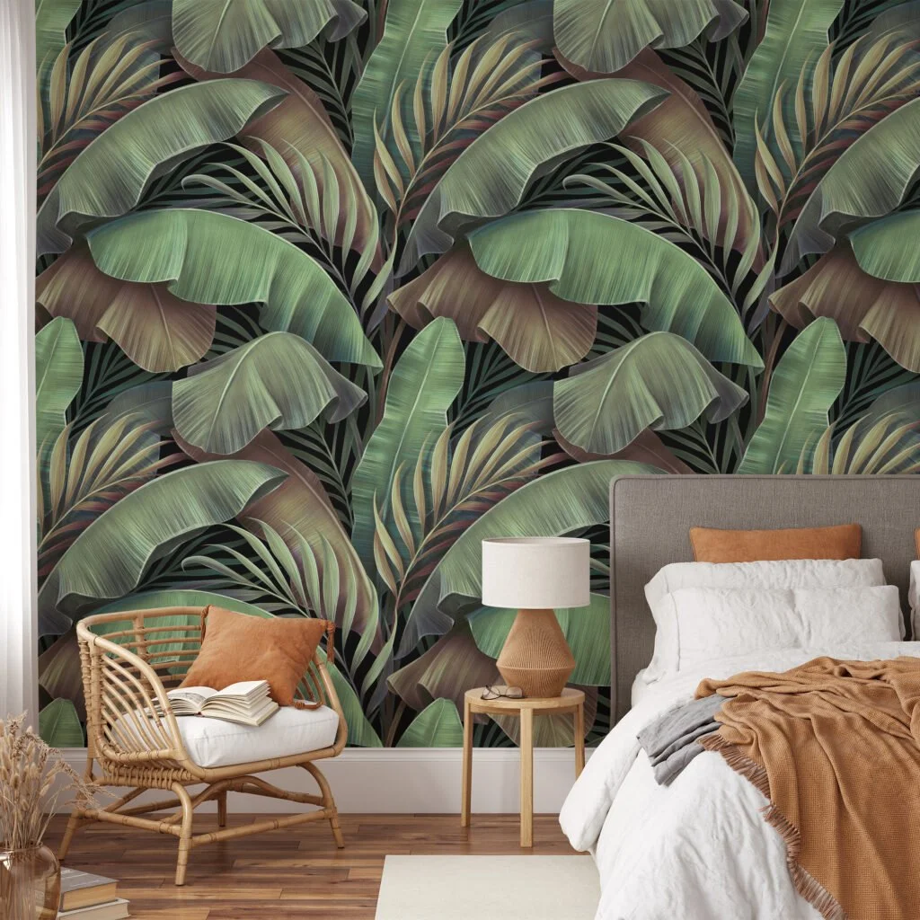 Büyük Tropikal Yeşil Muz Yaprakları Desenli Duvar Kağıdı, Doğa İlhamlı 3D Duvar Kağıdı Yaprak Desenli Duvar Kağıtları 6