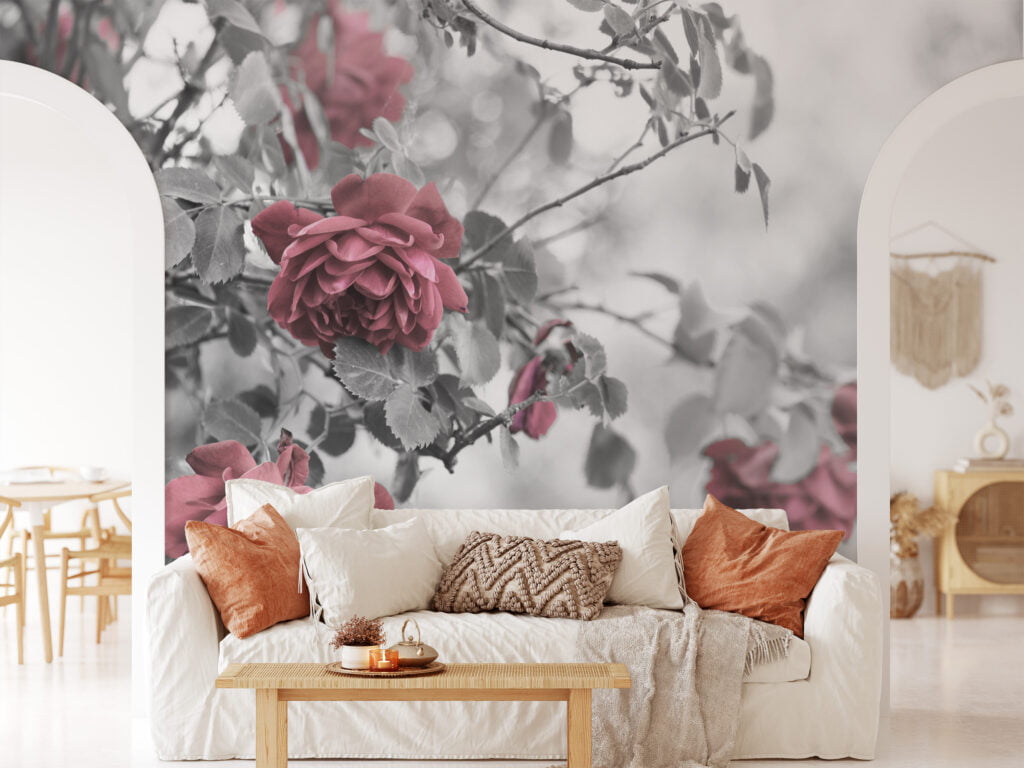 Gri Kırmızı Çiçek Desenli Duvar Kağıdı, Modern ve Romatik Duvar Dekoru için 3D Duvar Posteri Çiçekli Duvar Kağıtları 5