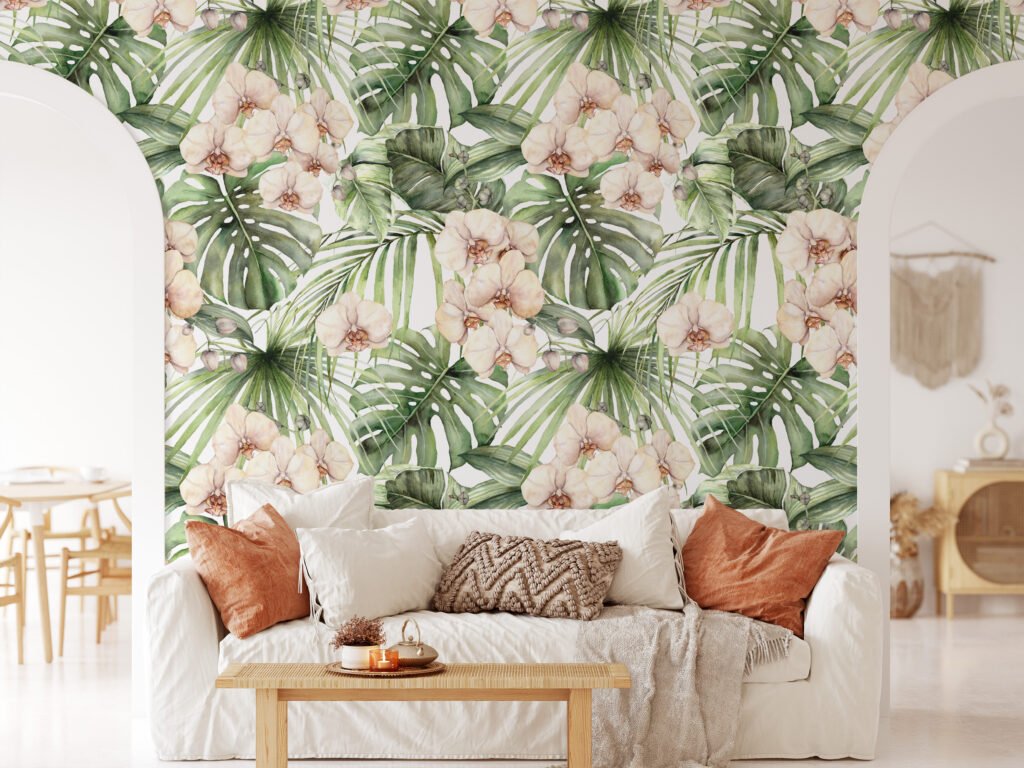 Tropikal Palmiye Yaprakları ve Orkideler Resimli Duvar Kağıdı, Dinlendirici Bir Oda için Duvar Posteri Çiçekli Duvar Kağıtları 4