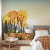 Whimsical Cartoon Style Forest Illustration Wallpaper for a Playful and Vibrant Home Decor during Fall Season