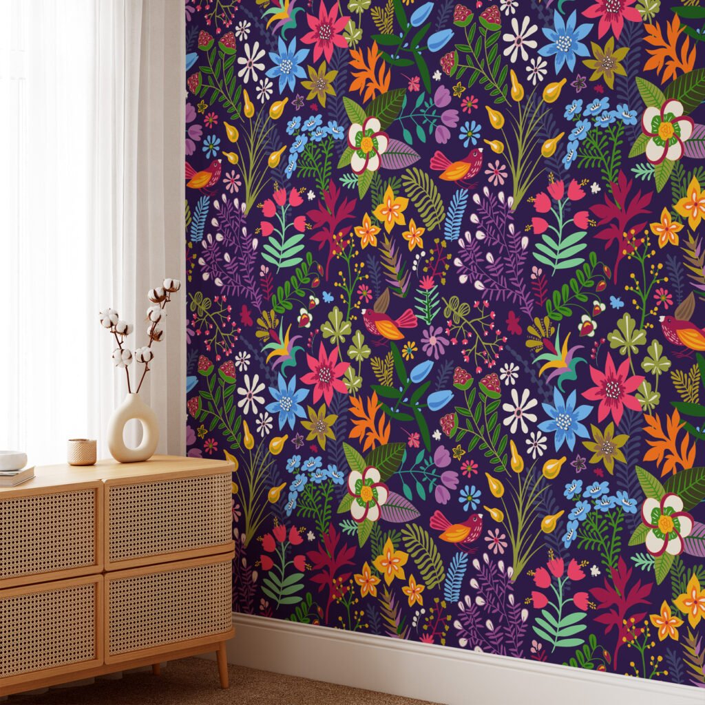 Renkli Çiçek Desenli Modern Duvar Kağıdı, Çiçekli Mor Duvar Posteri Çiçekli Duvar Kağıtları 5