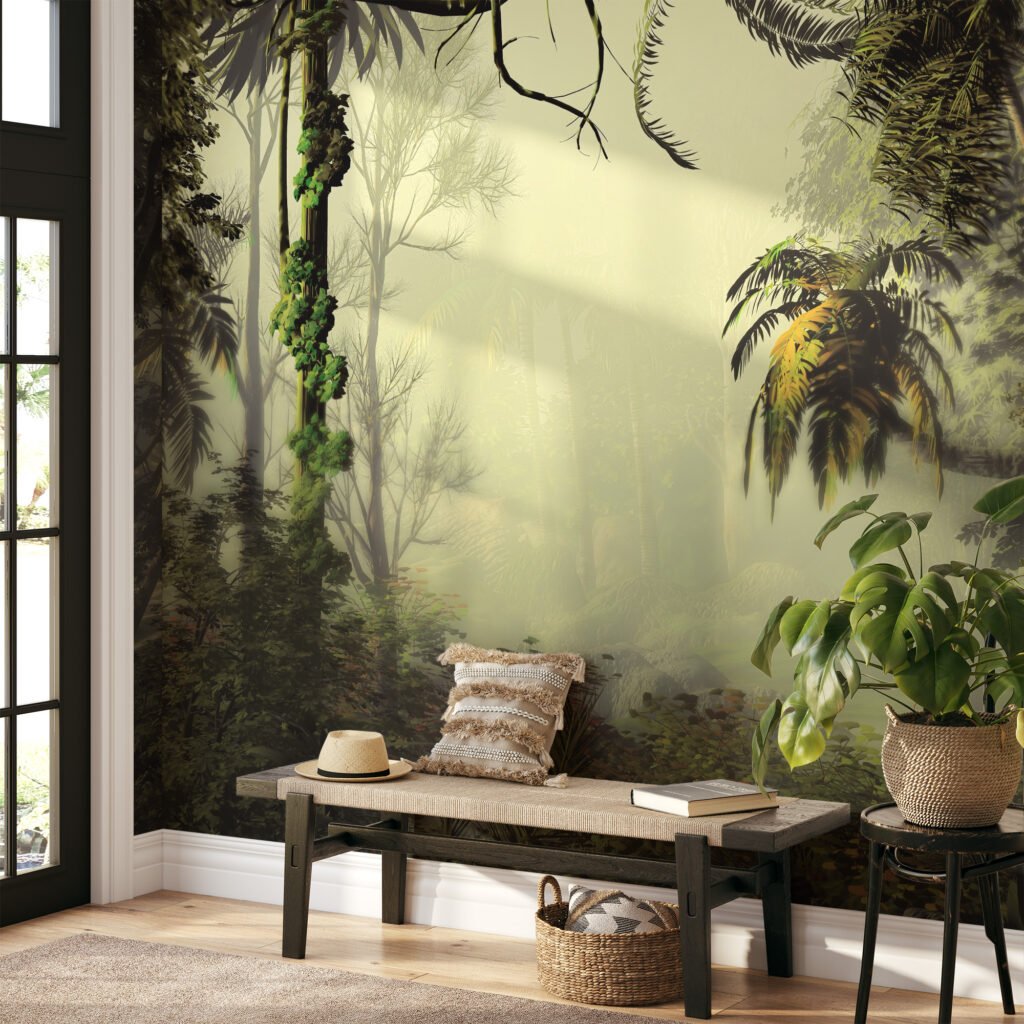 Zarif Sisli Yeşil Orman Manzaralı Duvar Kağıdı, Palmiye Ağaçlı Yoğun Orman Tasarımlı 3D Duvar Posteri Orman Temalı Duvar Kağıtları 7