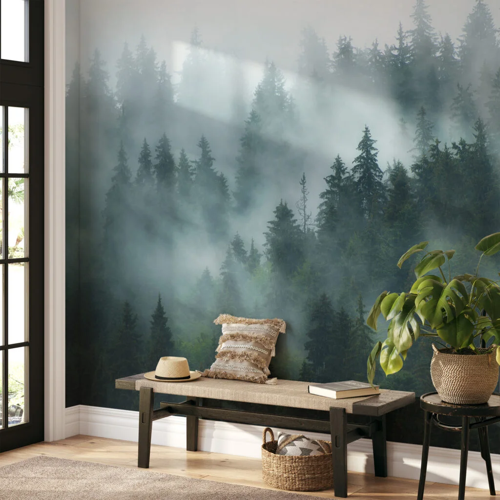 Büyüleyici Sisli Koyu Yeşil Orman Desenli Duvar Kağıdı, Mistik Doğa Esintili 3D Duvar Kağıdı Orman Temalı Duvar Kağıtları 8
