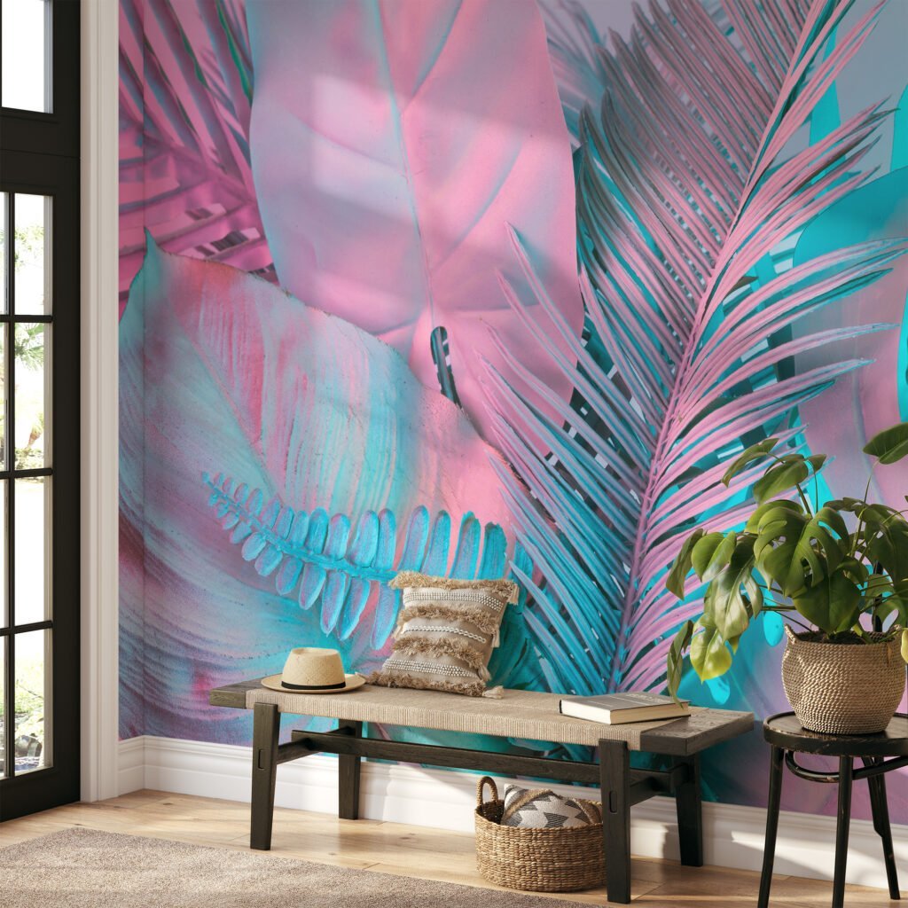 Renkli Tropikal Palmiye Yaprakları Duvar Kağıdı, Pembe ve Mavi Duvar Posteri Yaprak Desenli Duvar Kağıtları 4