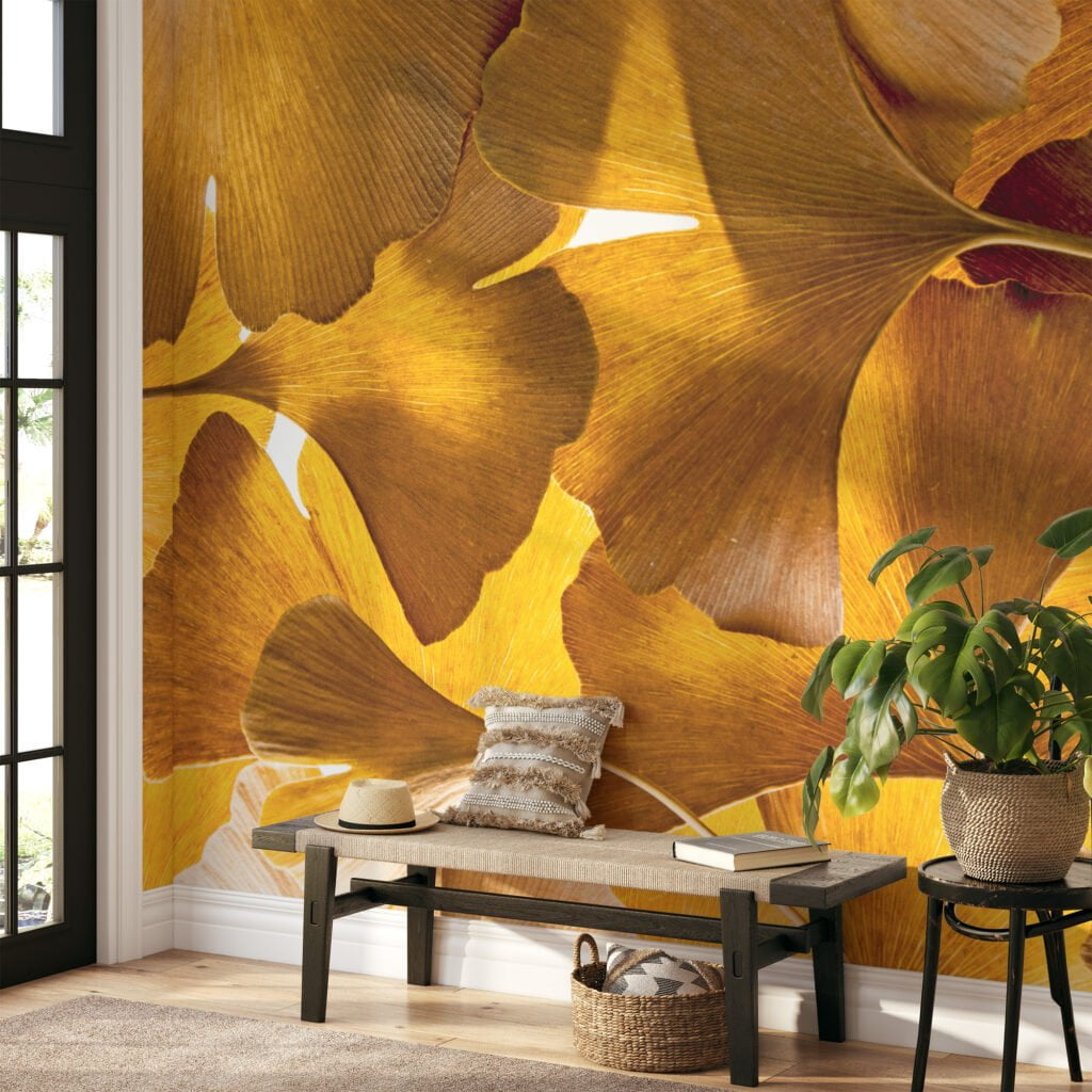 Sarı Büyük Yapraklarıyla Sonbahar Güzelliği, Doğa İlhamlı Evler İçin 3D Duvar Kağıdı Yaprak Desenli Duvar Kağıtları 8