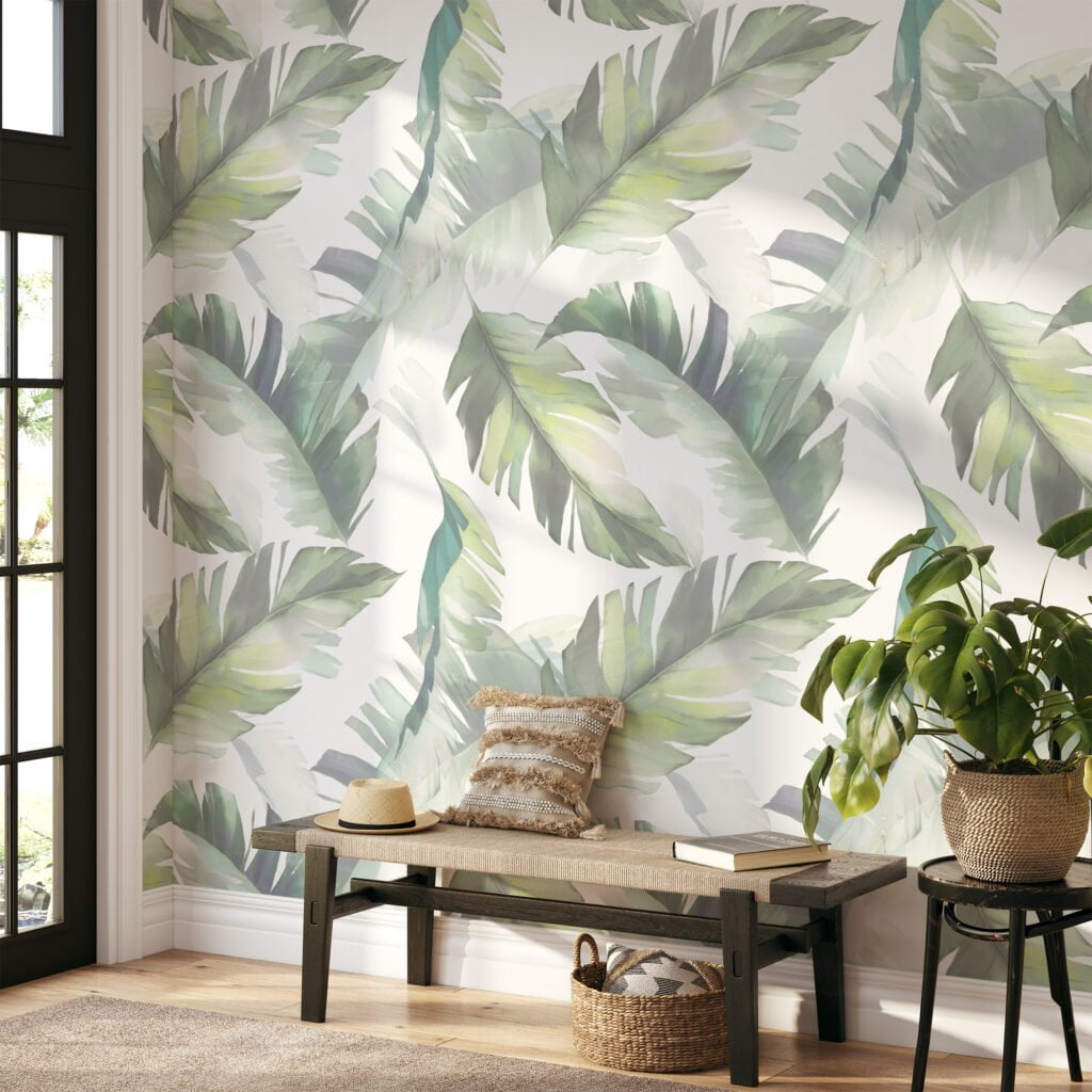 Sulu Boya Renkli Yapraklar, Beyaz Zeminli Duvar Kağıdı, Modern ve Rahatlatıcı 3D Duvar Kağıdı Yaprak Desenli Duvar Kağıtları 5
