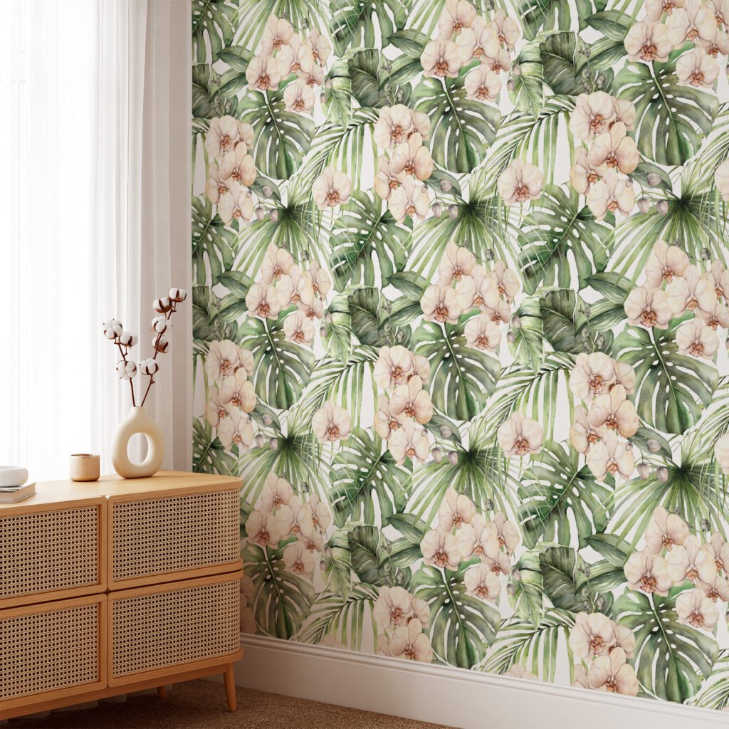 Tropikal Palmiye Yaprakları ve Orkideler Resimli Duvar Kağıdı, Dinlendirici Bir Oda için Duvar Posteri Çiçekli Duvar Kağıtları 5
