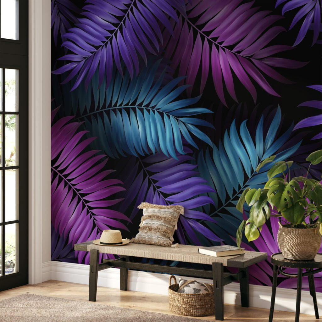 Mor Fuşya ve Aqua Renkli Büyük Tropikal Yapraklar, Canlı Alan İçin Koyu Çiçekli 3D Duvar Kağıdı Yaprak Desenli Duvar Kağıtları 6