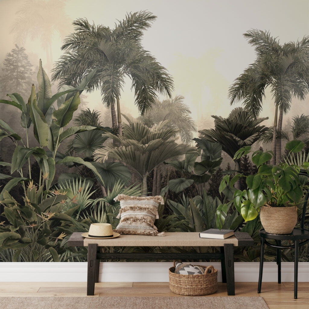 Sisli Orman Temalı Duvar Kağıdı, Palmiye Ağaçlı ve Büyük Yapraklı Tropikal Egzotik Tasarımlı 3D Duvar Posteri Orman Temalı Duvar Kağıtları 7