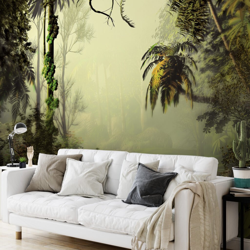 Zarif Sisli Yeşil Orman Manzaralı Duvar Kağıdı, Palmiye Ağaçlı Yoğun Orman Tasarımlı 3D Duvar Posteri Orman Temalı Duvar Kağıtları 8