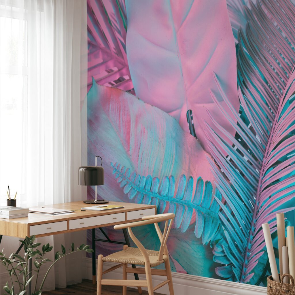 Renkli Tropikal Palmiye Yaprakları Duvar Kağıdı, Pembe ve Mavi Duvar Posteri Yaprak Desenli Duvar Kağıtları 5