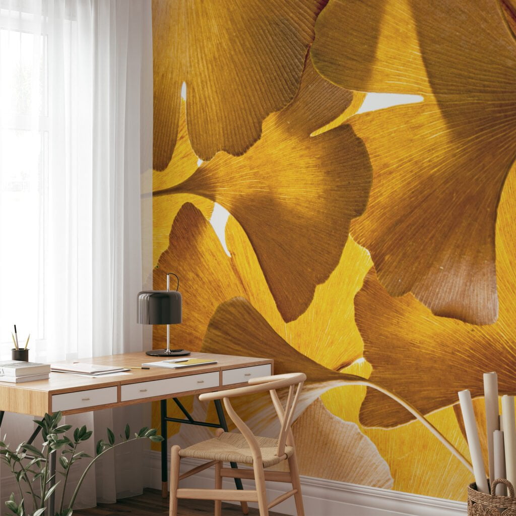 Sarı Büyük Yapraklarıyla Sonbahar Güzelliği, Doğa İlhamlı Evler İçin 3D Duvar Kağıdı Yaprak Desenli Duvar Kağıtları 9