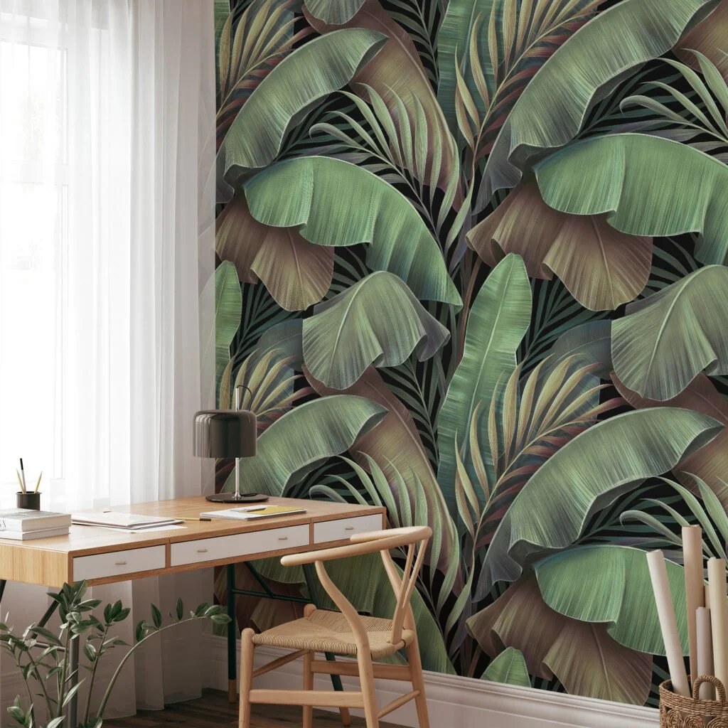 Büyük Tropikal Yeşil Muz Yaprakları Desenli Duvar Kağıdı, Doğa İlhamlı 3D Duvar Kağıdı Yaprak Desenli Duvar Kağıtları 9