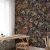 Earthy Traditional Floral Pattern with Dark Background Peel and Stick Wallpaper for a Cozy Home