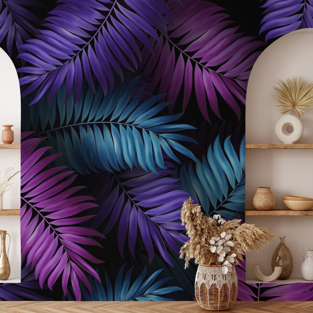 Mor Fuşya ve Aqua Renkli Büyük Tropikal Yapraklar, Canlı Alan İçin Koyu Çiçekli 3D Duvar Kağıdı Yaprak Desenli Duvar Kağıtları 7