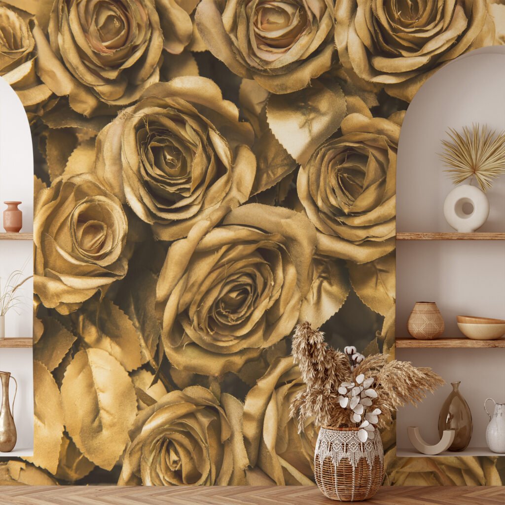 Büyük Altın Gül Desenli Duvar Kağıdı, Zarif ve Lüks Duvar Dekoru için 3D Duvar Posteri Çiçekli Duvar Kağıtları 7