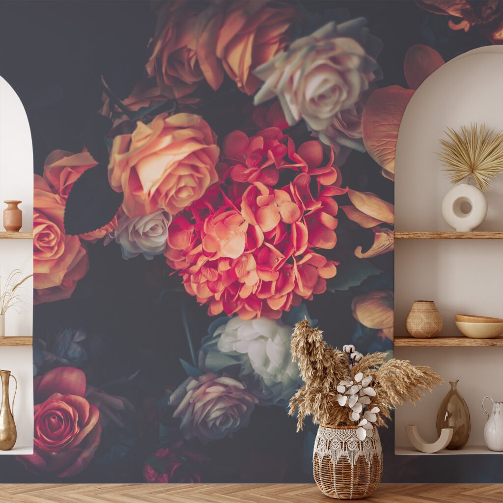 Koyu Arka Planlı Çiçek Buketi Duvar Kağıdı, Renkli Bir Duvar Dekoru için 3D Duvar Posteri Çiçekli Duvar Kağıtları 6