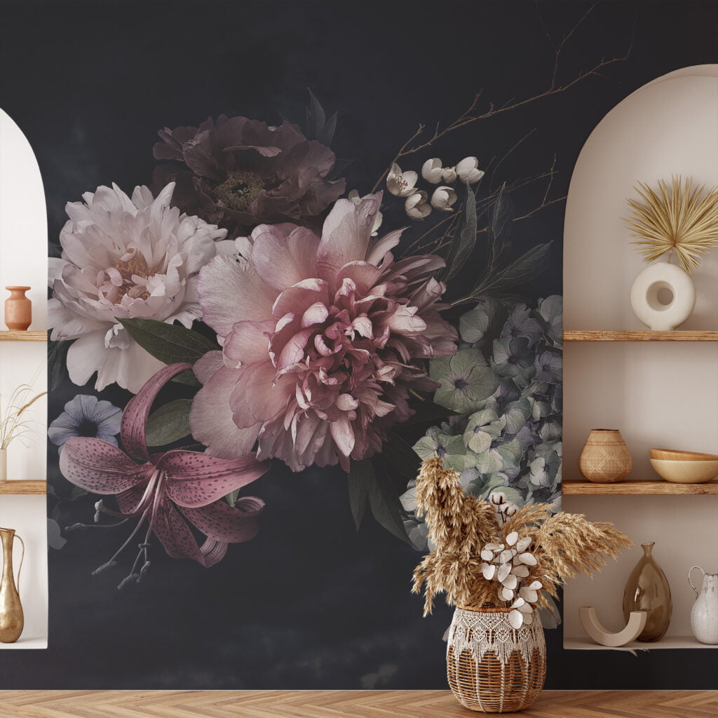 Koyu Arka Planlı Pembe Çiçekler Duvar Kağıdı, Romantik ve Büyüleyici Yatak Odası için Duvar Posteri Çiçekli Duvar Kağıtları 4