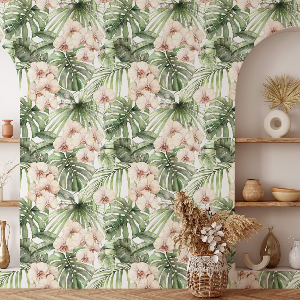 Tropikal Palmiye Yaprakları ve Orkideler Resimli Duvar Kağıdı, Dinlendirici Bir Oda için Duvar Posteri Çiçekli Duvar Kağıtları 6
