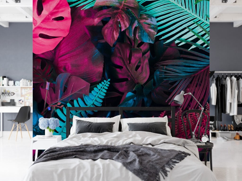 Canlı Neon Pembe ve Mavi Tropikal Yapraklar, Her Mekanı Aydınlatan Monstera Yapraklı 3D Duvar Kağıdı Yaprak Desenli Duvar Kağıtları 5
