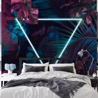 Neon Pembe ve Mavi Tropikal Yapraklar, Üçgen Işık Merkezli Duvar Kağıdı, Botanik Dokulu 3D Duvar Posteri Soyut Duvar Kağıtları