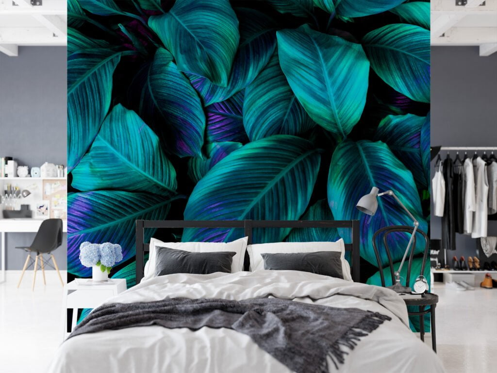 Yemyeşil Tropikal Yeşil Cannifolium Yapraklar, Mor Vurgularıyla Duvar Kağıdı, Güzel 3D Duvar Kağıdı Yaprak Desenli Duvar Kağıtları 8