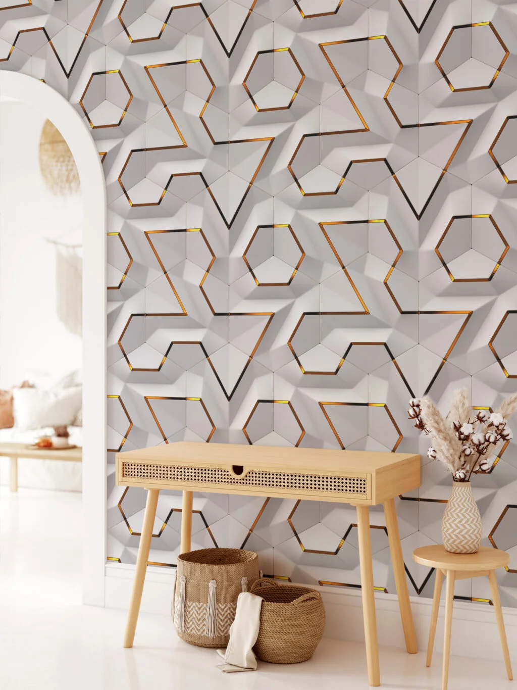 Beyaz Geometrik Modüller Duvar Posteri, Modern Duvar Dekorasyonu için Özel Ölçü Duvar Kağıdı 3D Duvar Kağıtları 4